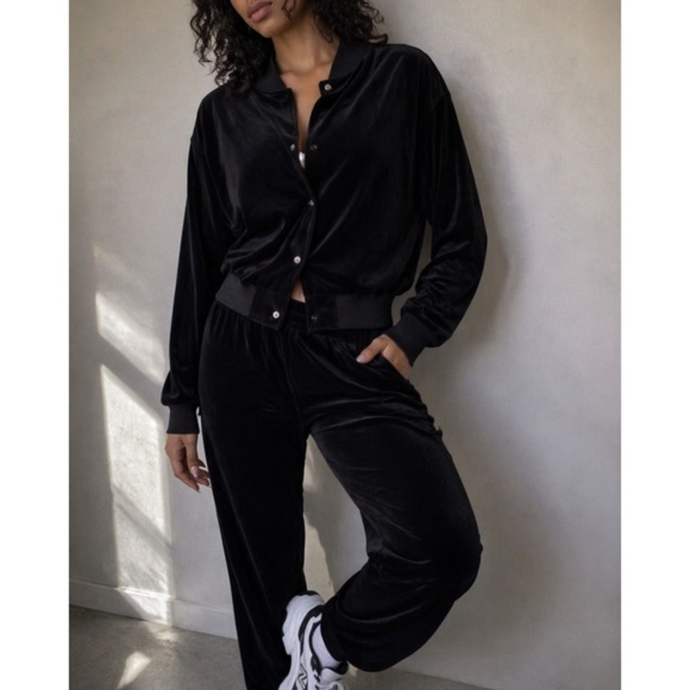 Lavon Black Velour Tracksuit Set Large Snap Front Jacket‎ Y2K Lounge 90s